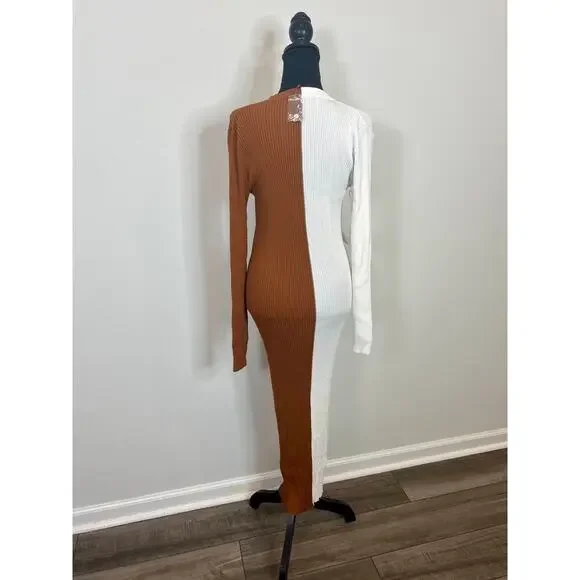 STAUD Shoko Sweater Dress Tan/White Size XL Knit Ribbed Button Front Long Sleeve - Picture 3 of 6